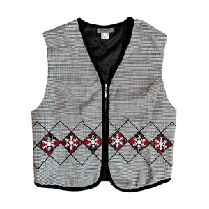 Vintage 90s Stonebridge Snowflake Houndstooth Zip Vest Small | Y2K Winter